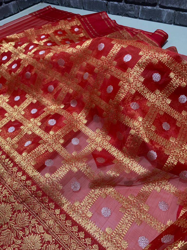 Handwoven Carmine Color Organza Chanderi Katan Silk Saree - Authentic Chanderi silk sarees Chanderi Saree - View 3