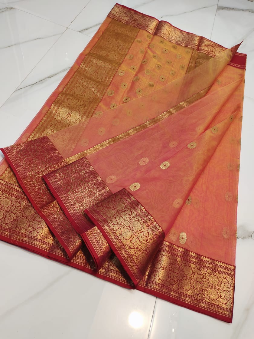 Handwoven Cedar Chest Color Organza Chanderi Katan Silk Saree - Authentic Chanderi silk sarees Chanderi Saree - View 1