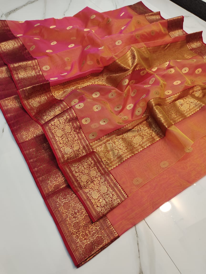 Handwoven Cedar Chest Color Organza Chanderi Katan Silk Saree - Authentic Chanderi silk sarees Chanderi Saree - View 2