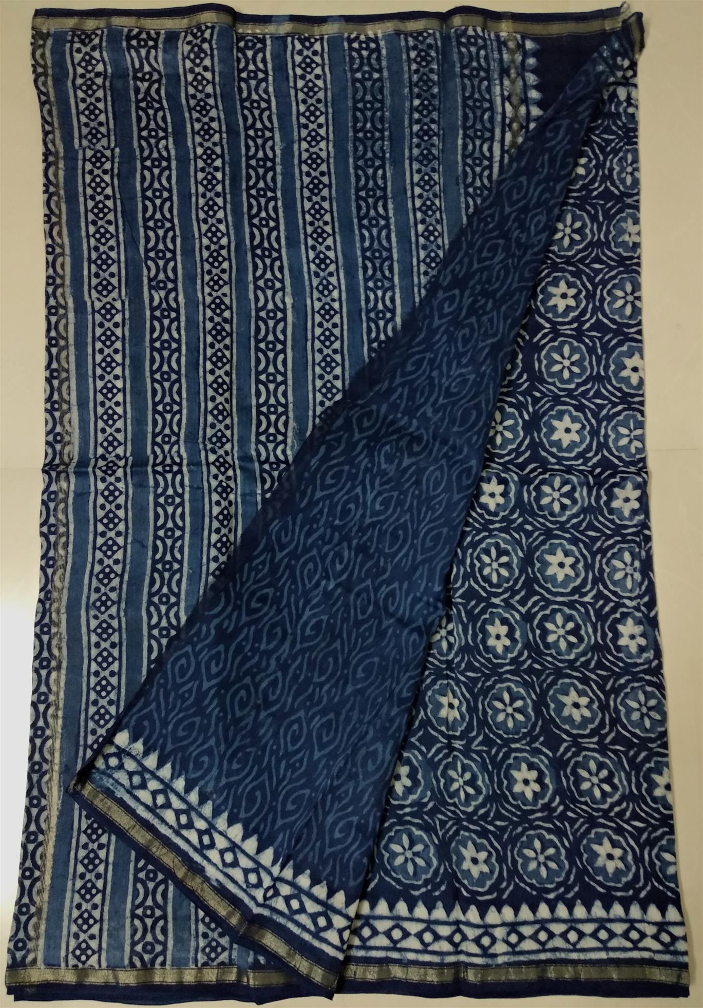 Handwoven Chanderi Indigo print saree - Authentic Indigo print Chanderi Saree - View 1