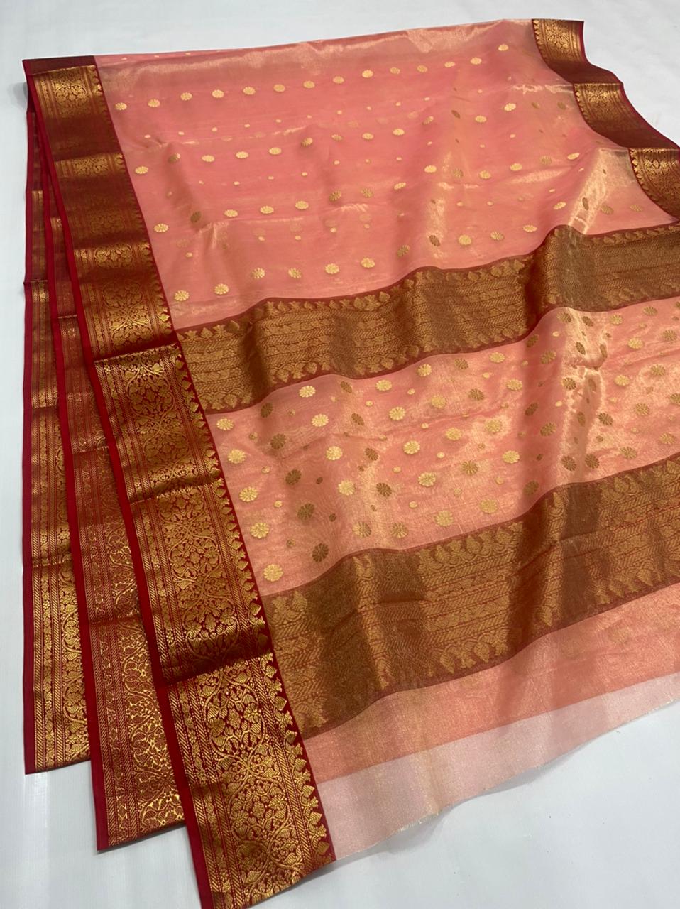 Handwoven Chestnut Rose Color Chanderi Silk Tissue Saree - Authentic Tissue Chanderi Saree - View 1