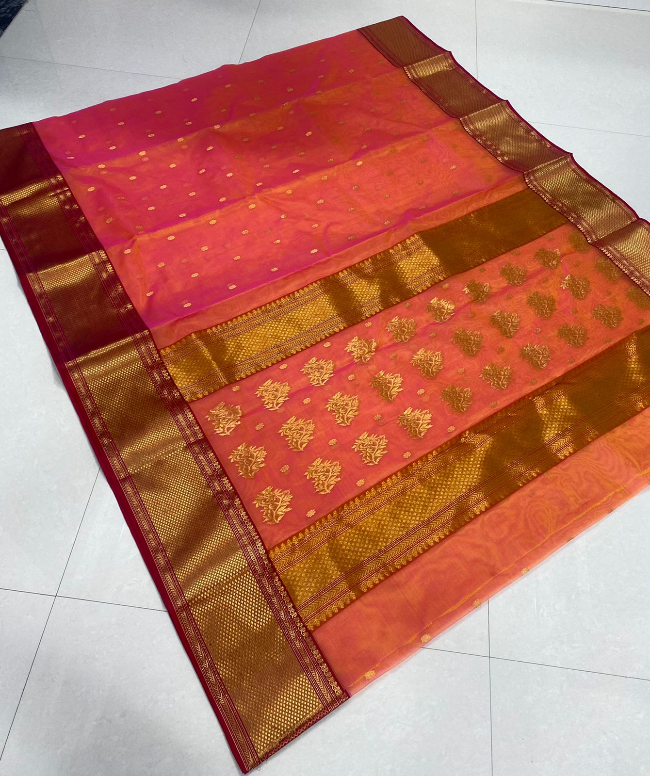 Handwoven Cinnabar Color Organza Chanderi Katan Silk Saree - Authentic Chanderi silk sarees Chanderi Saree