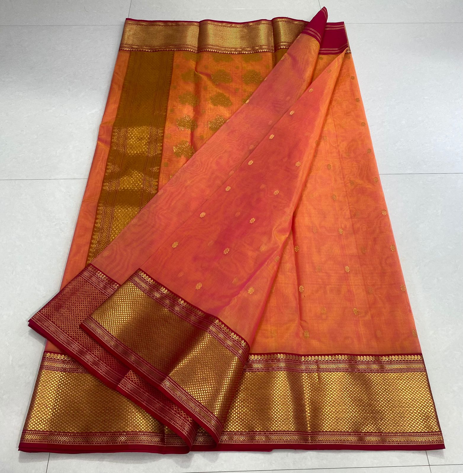 Handwoven Cinnabar Color Organza Chanderi Katan Silk Saree - Authentic Chanderi silk sarees Chanderi Saree - View 2