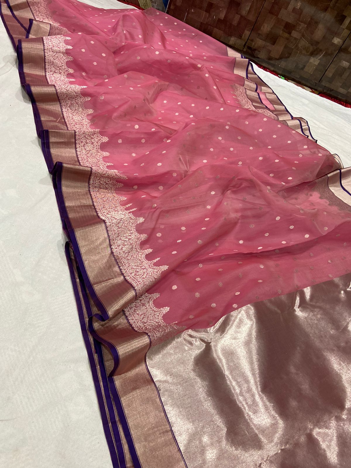 Handwoven Cinnamon Satin Color Organza Chanderi Katan Silk Saree - Authentic Chanderi silk sarees Chanderi Saree
