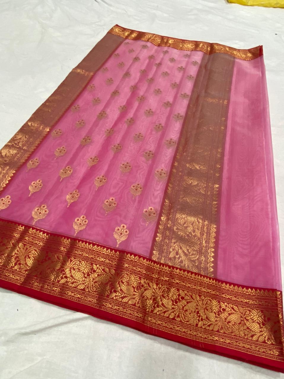 Handwoven Cinnamon Satin Color Organza Chanderi Katan Silk Saree - Authentic Chanderi silk sarees Chanderi Saree - View 1