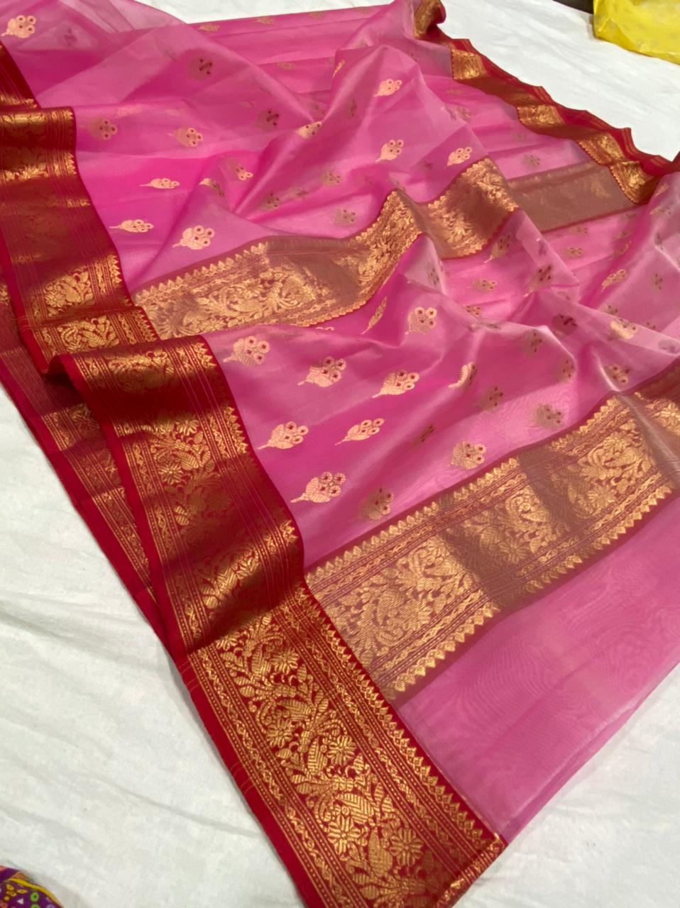 Handwoven Cinnamon Satin Color Organza Chanderi Katan Silk Saree - Authentic Chanderi silk sarees Chanderi Saree - View 2