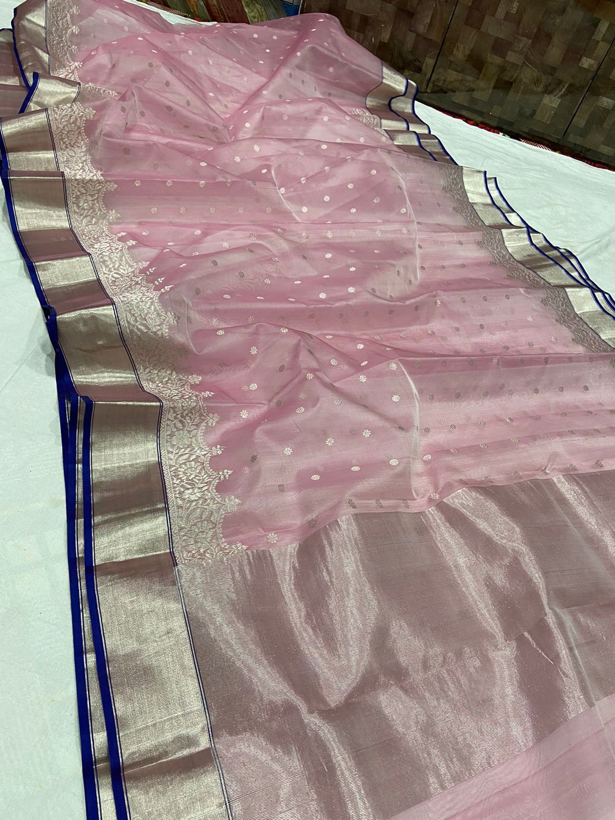 Handwoven Clam Shell Color Organza Chanderi Katan Silk Saree - Authentic Chanderi silk sarees Chanderi Saree