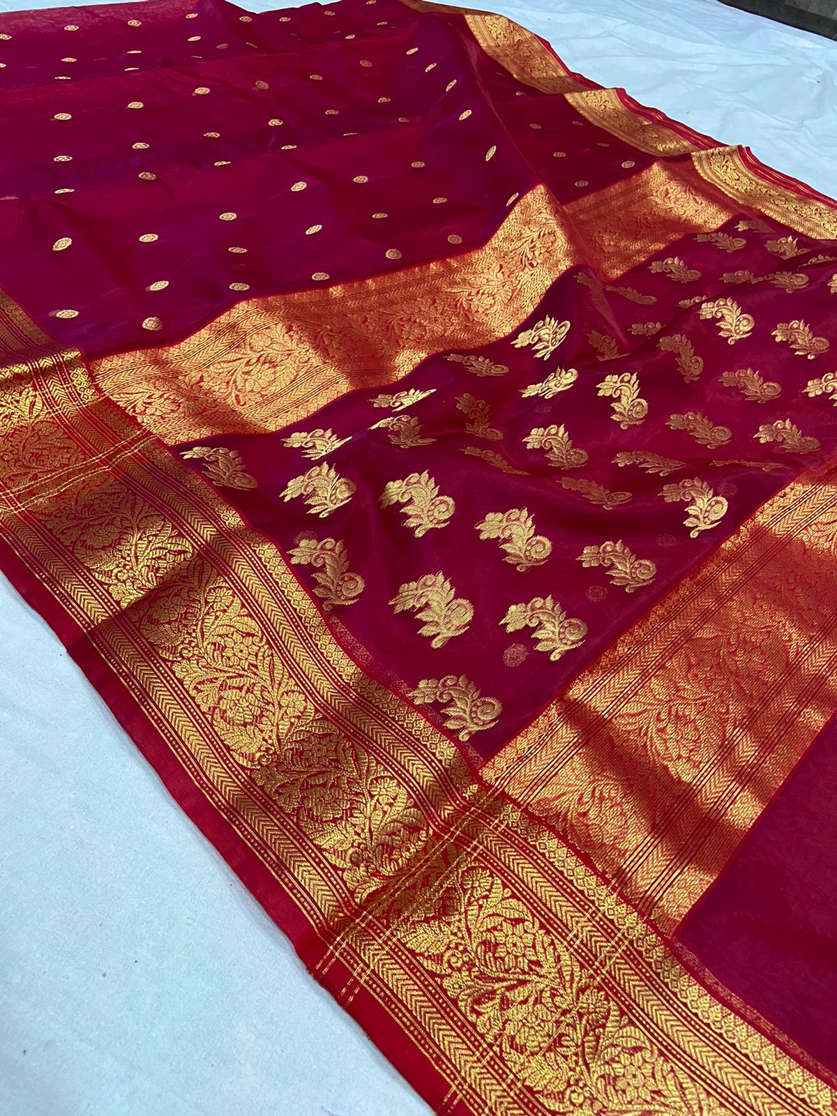 Handwoven Claret Color Organza Chanderi Katan Silk Saree - Authentic Chanderi silk sarees Chanderi Saree - View 1
