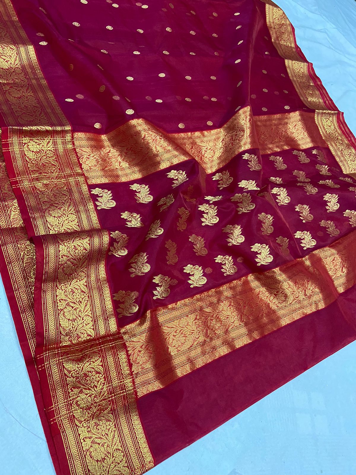 Handwoven Claret Color Organza Chanderi Katan Silk Saree - Authentic Chanderi silk sarees Chanderi Saree - View 3