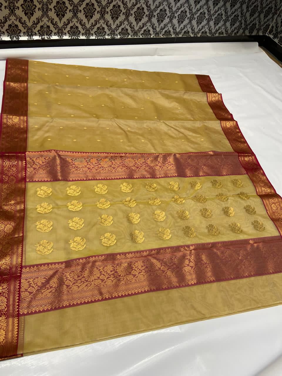 Handwoven Beige Classic beige with maroon  and gold zari border Organza Chanderi Katan Silk Saree - Authentic Chanderi silk sarees Chanderi Saree - View 1