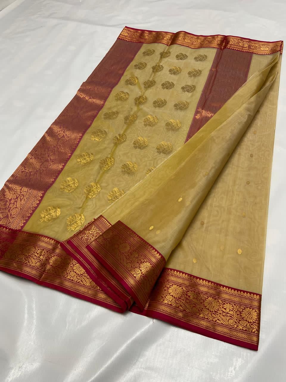 Handwoven Beige Classic beige with maroon  and gold zari border Organza Chanderi Katan Silk Saree - Authentic Chanderi silk sarees Chanderi Saree - View 2