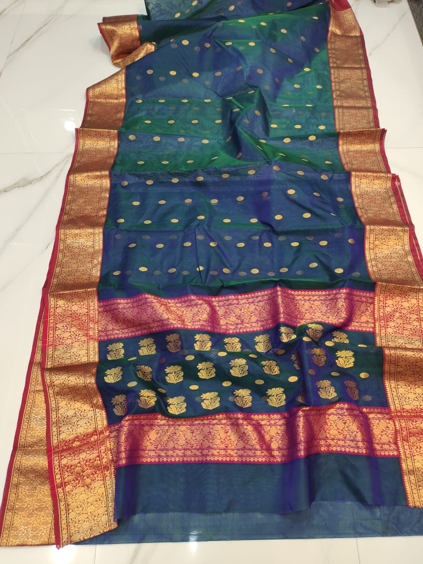 Handwoven Cloud Burst Color Organza Chanderi Katan Silk Saree - Authentic Chanderi silk sarees Chanderi Saree