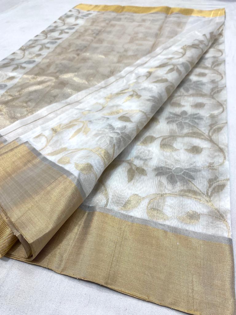 Handwoven White Cloud White Color Chanderi Pattu Silk Saree - Authentic Chanderi silk sarees Chanderi Saree