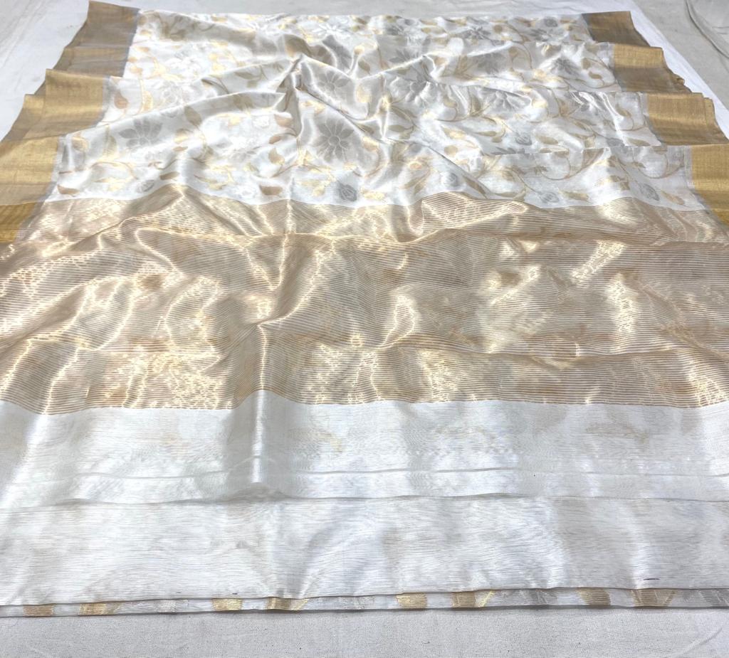 Handwoven White Cloud White Color Chanderi Pattu Silk Saree - Authentic Chanderi silk sarees Chanderi Saree - View 3