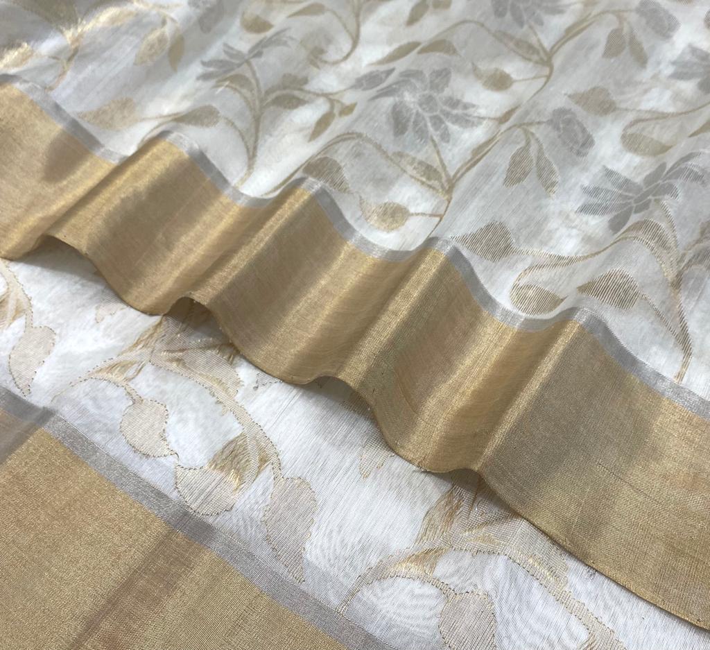 Handwoven White Cloud White Color Chanderi Pattu Silk Saree - Authentic Chanderi silk sarees Chanderi Saree - View 4