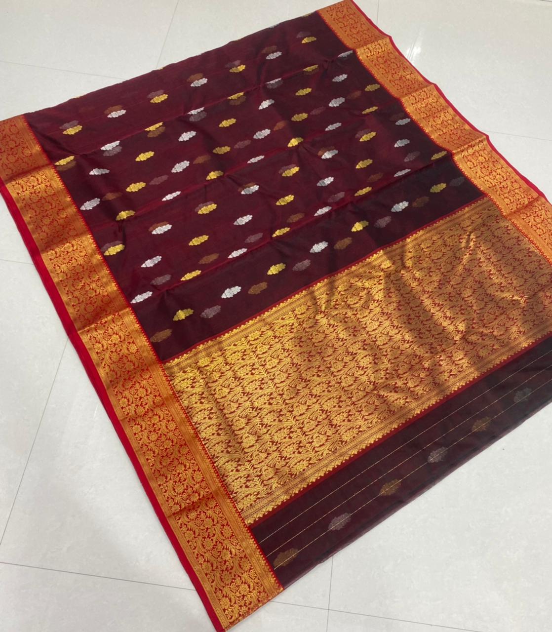 Handwoven Cocoa Bean Color Organza Chanderi Katan Silk Saree - Authentic Chanderi silk sarees Chanderi Saree - View 1