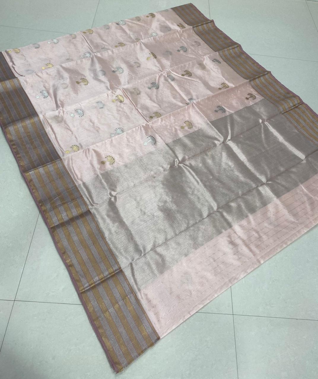 Handwoven Cold Turkey Color Chanderi Pattu Silk Saree - Authentic Chanderi silk sarees Chanderi Saree