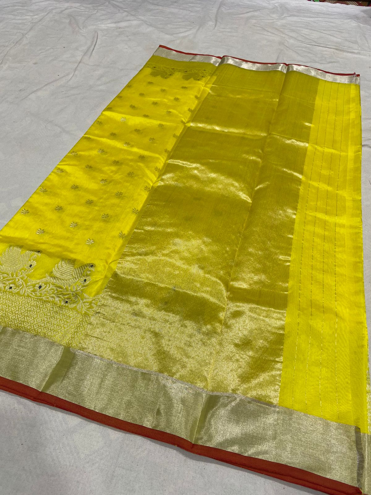 Handwoven Corn Color Chanderi Pattu Silk Saree - Authentic Chanderi silk sarees Chanderi Saree - View 1