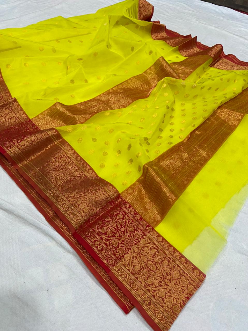 Handwoven Corn Color Organza Chanderi Katan Silk Saree - Authentic Chanderi silk sarees Chanderi Saree - View 1