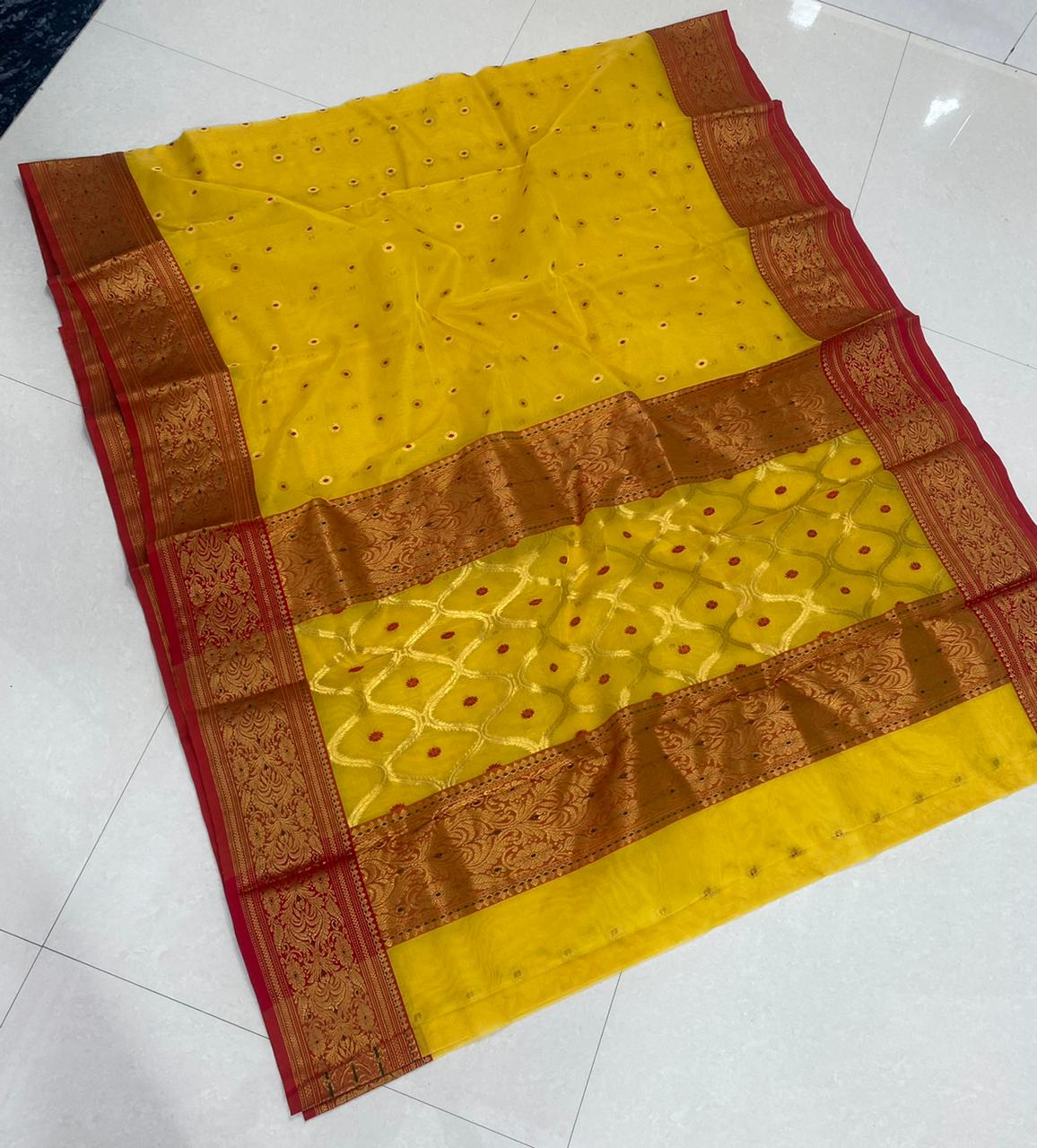 Handwoven Corn Color Organza Chanderi Katan Silk Saree - Authentic Chanderi silk sarees Chanderi Saree