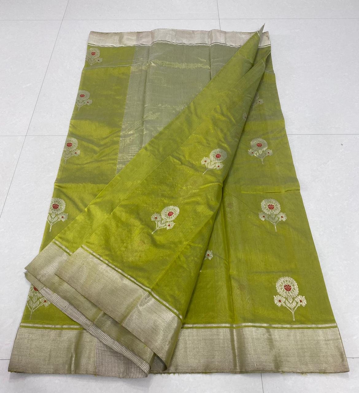 Handwoven Crete Color Chanderi Pattu Silk Saree - Authentic Chanderi silk sarees Chanderi Saree - View 1