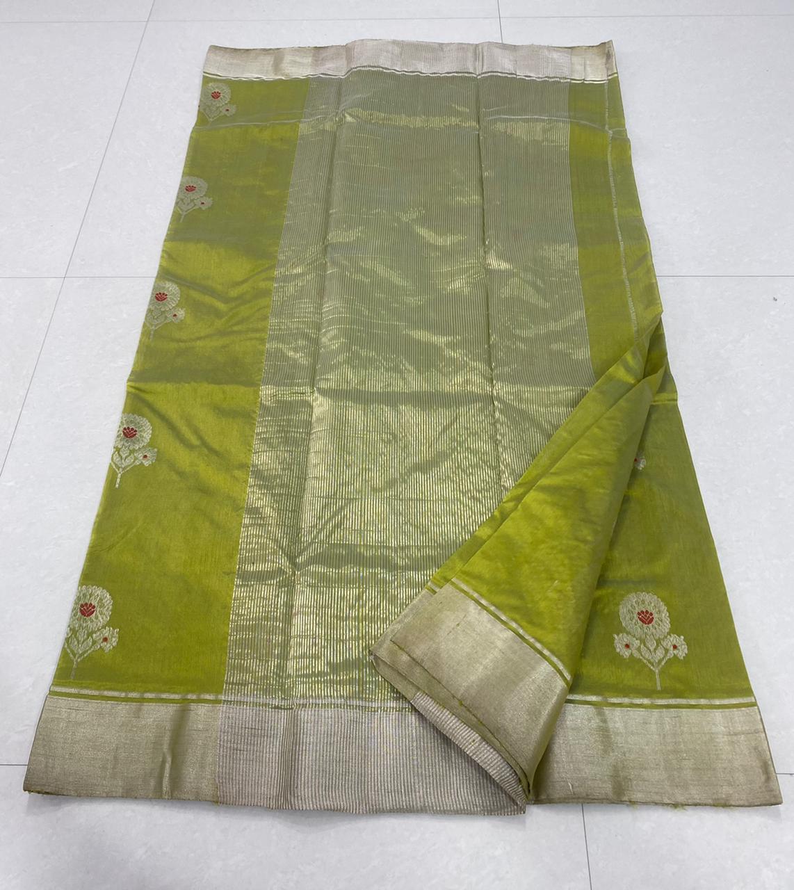Handwoven Crete Color Chanderi Pattu Silk Saree - Authentic Chanderi silk sarees Chanderi Saree - View 2