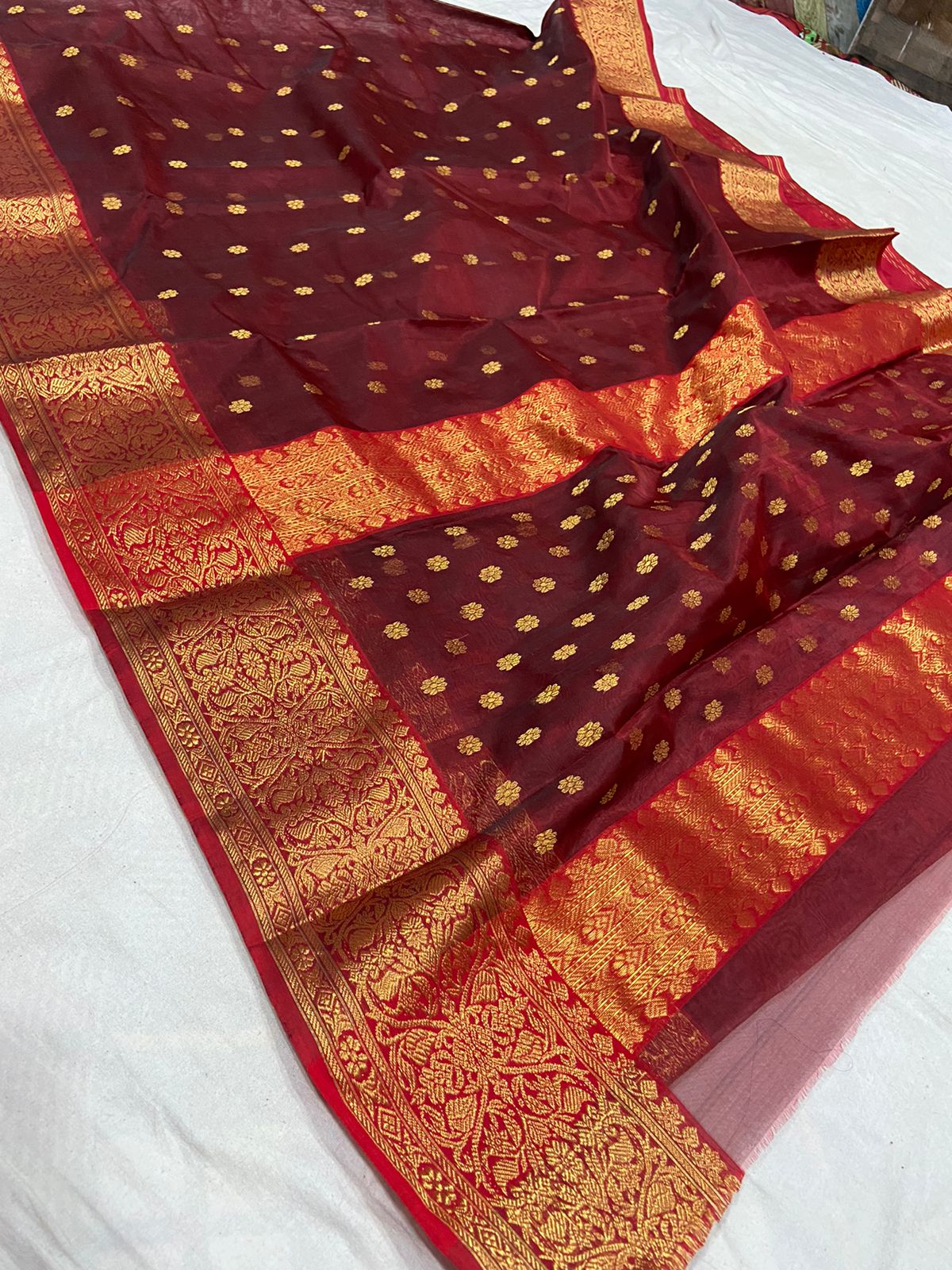 Handwoven Crown of Thorns Color Organza Chanderi Katan Silk Saree - Authentic Chanderi silk sarees Chanderi Saree