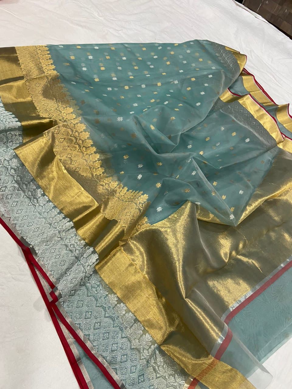 Handwoven Cutty Sark Color Organza Chanderi Katan Silk Saree - Authentic Chanderi silk sarees Chanderi Saree