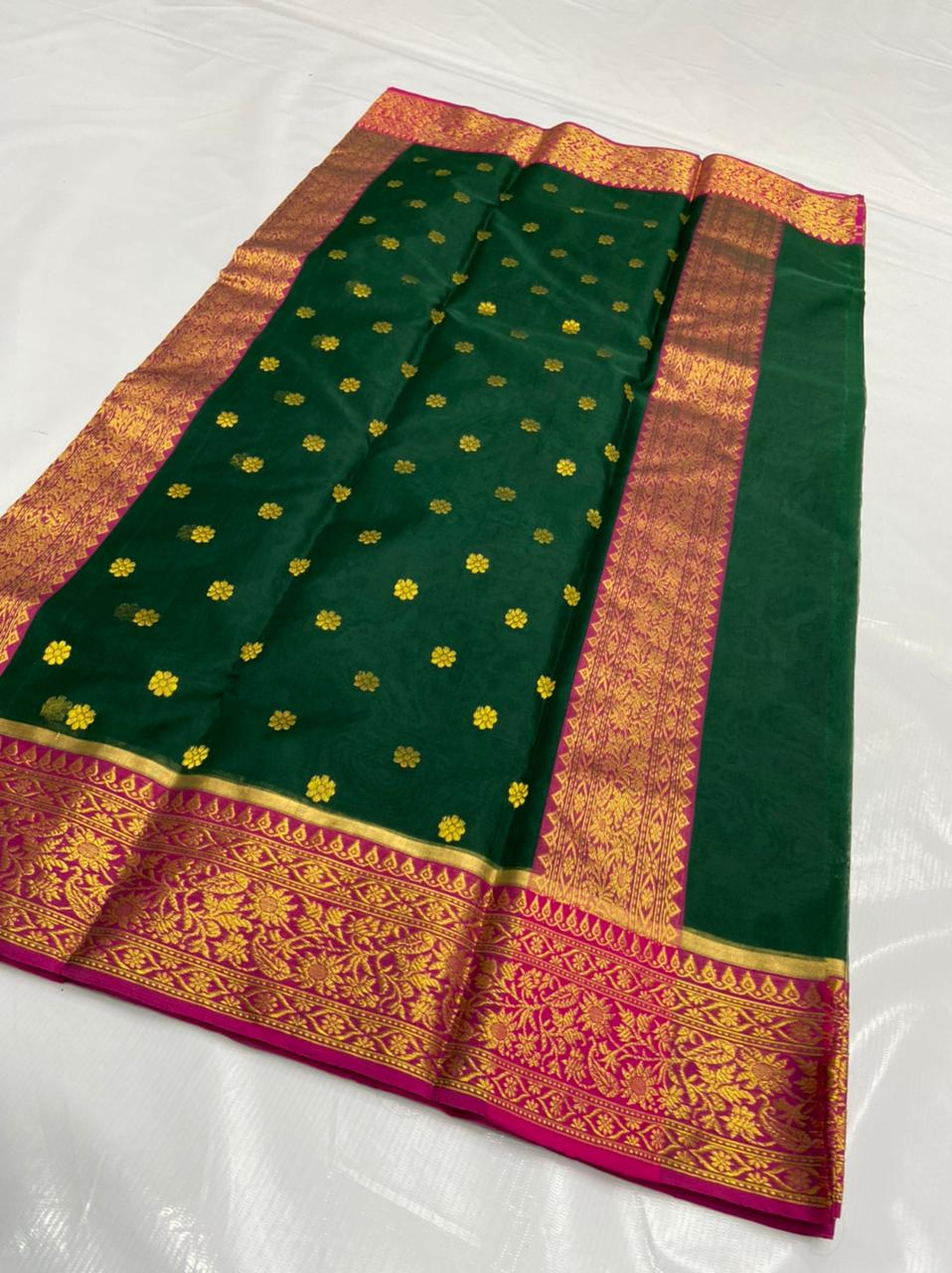 Handwoven Green Dark Green Color Organza Chanderi Katan Silk Saree - Authentic Chanderi silk sarees Chanderi Saree - View 1