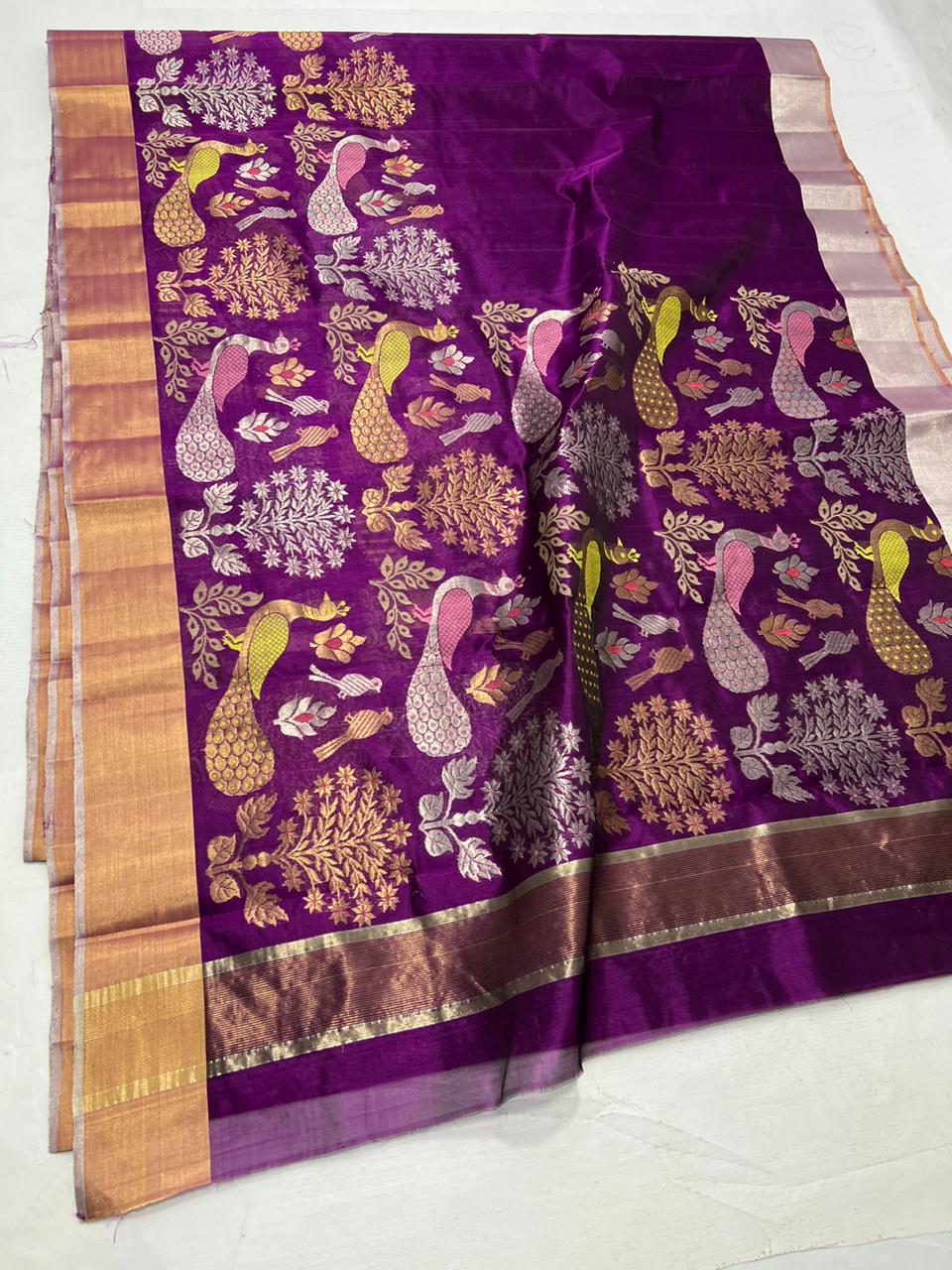 Handwoven Purple Dark Purple Color Chanderi Pattu Silk Saree - Authentic Chanderi silk sarees Chanderi Saree - View 1