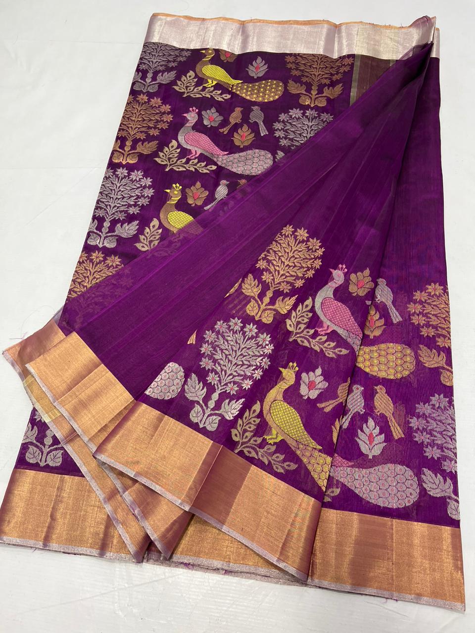 Handwoven Purple Dark Purple Color Chanderi Pattu Silk Saree - Authentic Chanderi silk sarees Chanderi Saree - View 2