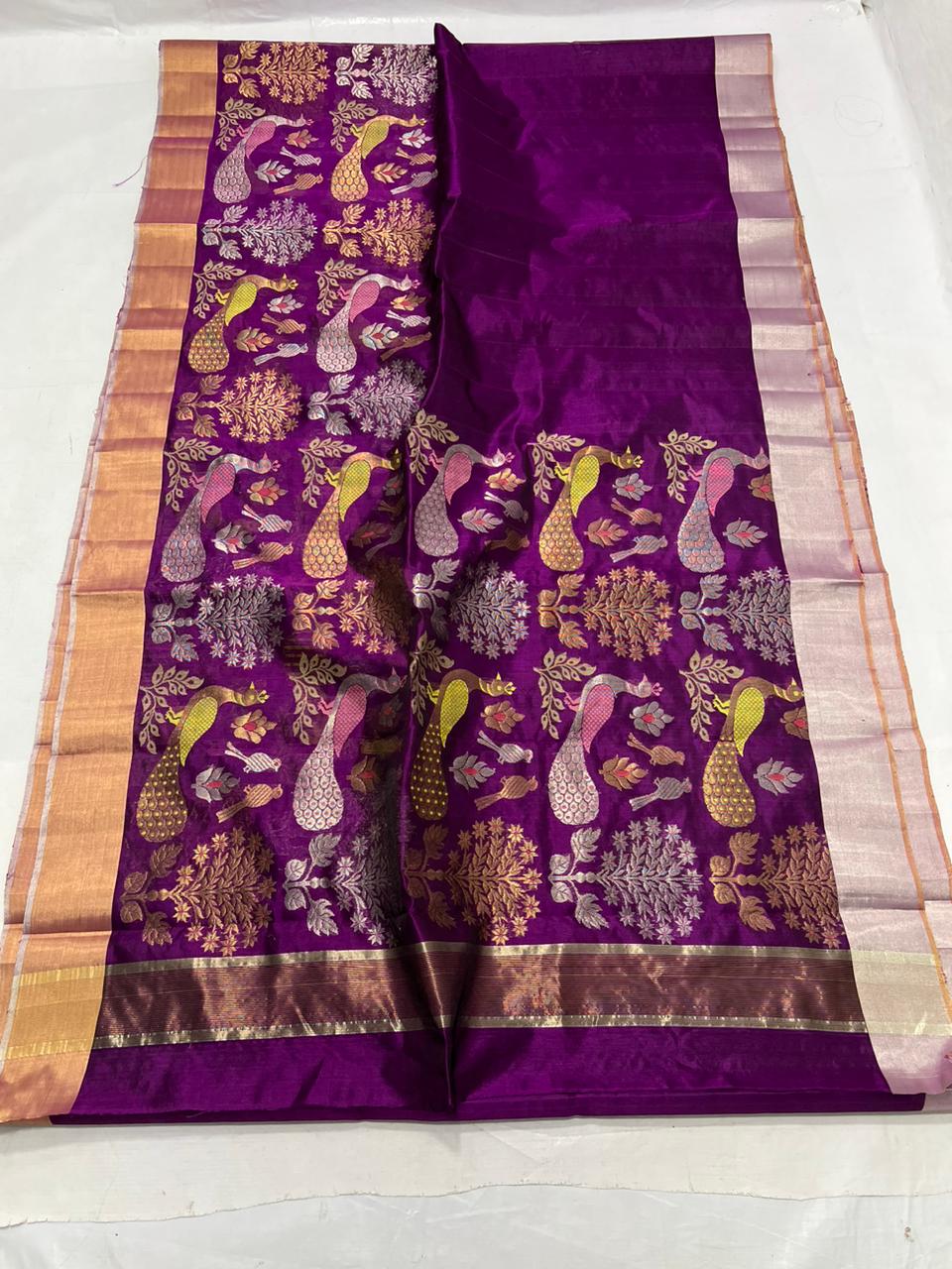Handwoven Purple Dark Purple Color Chanderi Pattu Silk Saree - Authentic Chanderi silk sarees Chanderi Saree - View 3