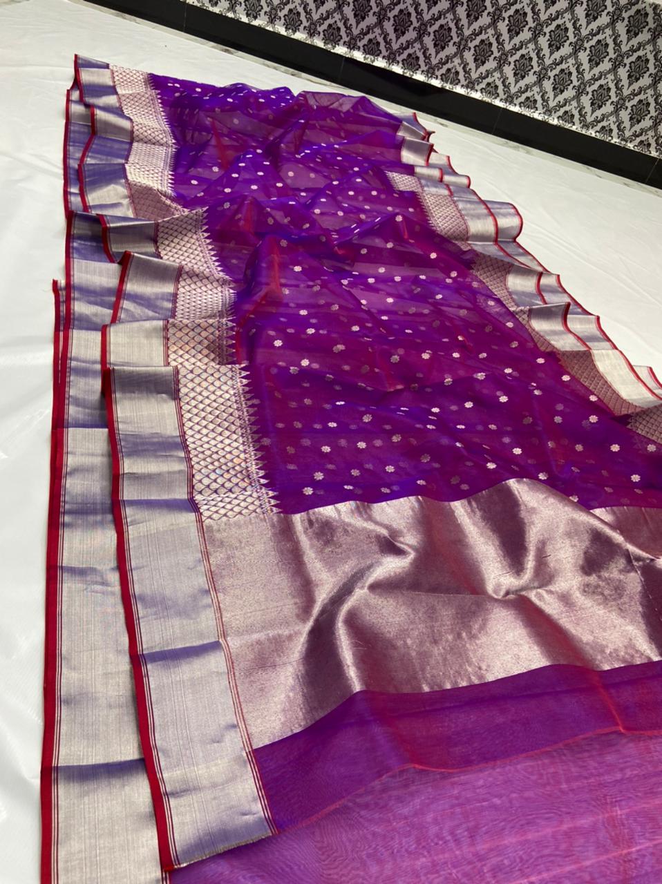 Handwoven Purple Dark Purple Color Organza Chanderi Katan Silk Saree - Authentic Chanderi silk sarees Chanderi Saree