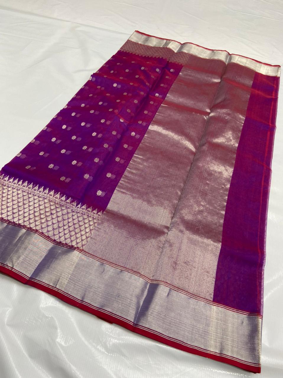 Handwoven Purple Dark Purple Color Organza Chanderi Katan Silk Saree - Authentic Chanderi silk sarees Chanderi Saree - View 2