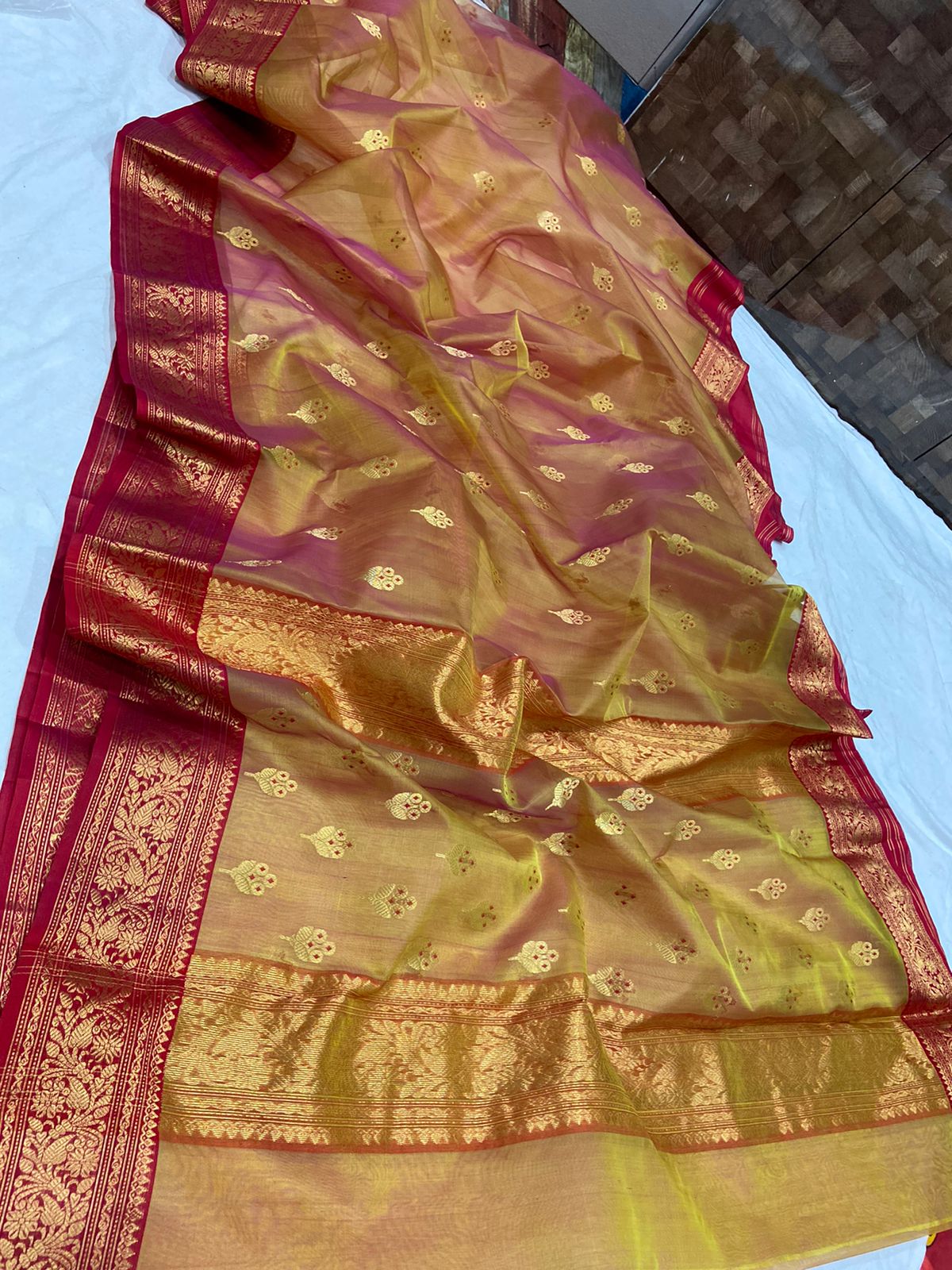 Handwoven Dark coral Color Organza Chanderi Katan Silk Saree - Authentic Chanderi silk sarees Chanderi Saree