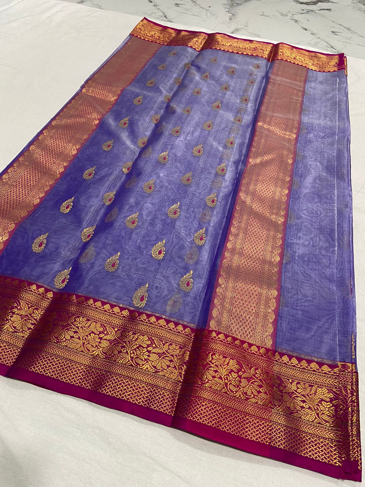 Handwoven Blue Dark slate Blue Color Organza Chanderi Katan Silk Saree - Authentic Chanderi silk sarees Chanderi Saree