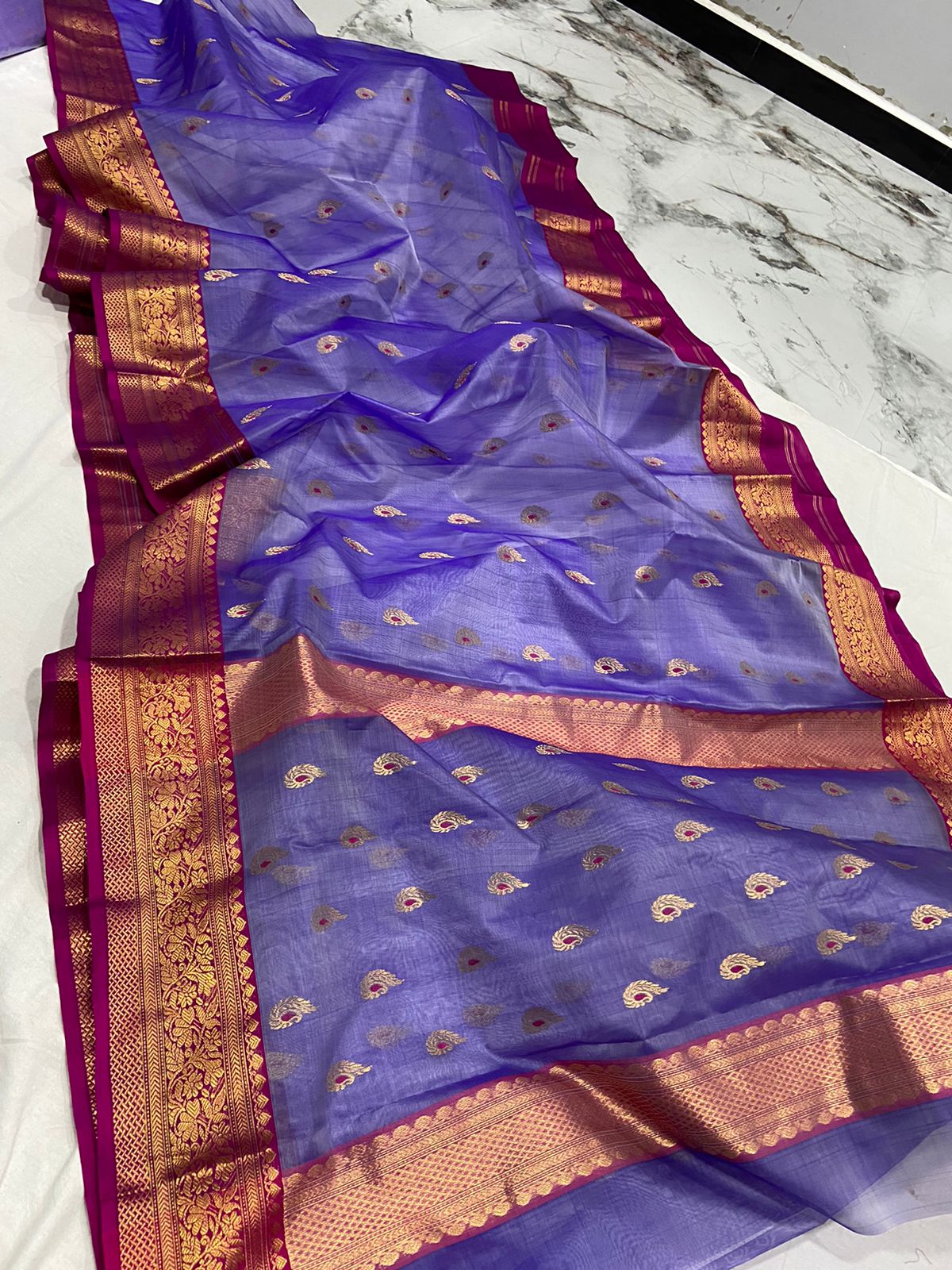Handwoven Blue Dark slate Blue Color Organza Chanderi Katan Silk Saree - Authentic Chanderi silk sarees Chanderi Saree - View 2