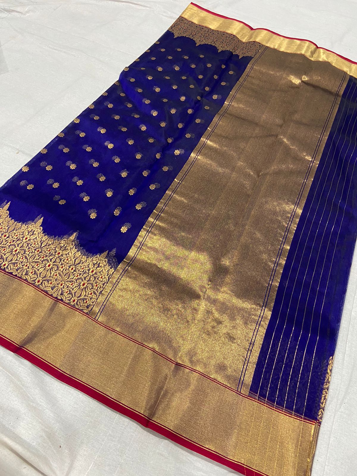 Handwoven Deep Koamaru Color Organza Chanderi Katan Silk Saree - Authentic Chanderi silk sarees Chanderi Saree