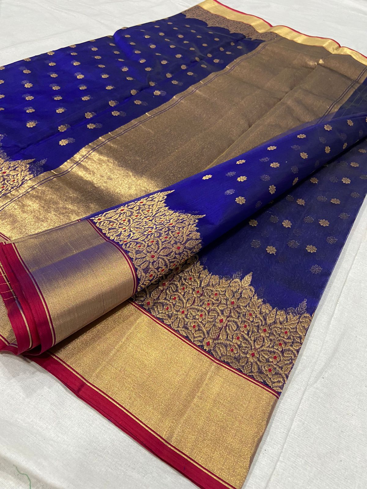 Handwoven Deep Koamaru Color Organza Chanderi Katan Silk Saree - Authentic Chanderi silk sarees Chanderi Saree - View 3