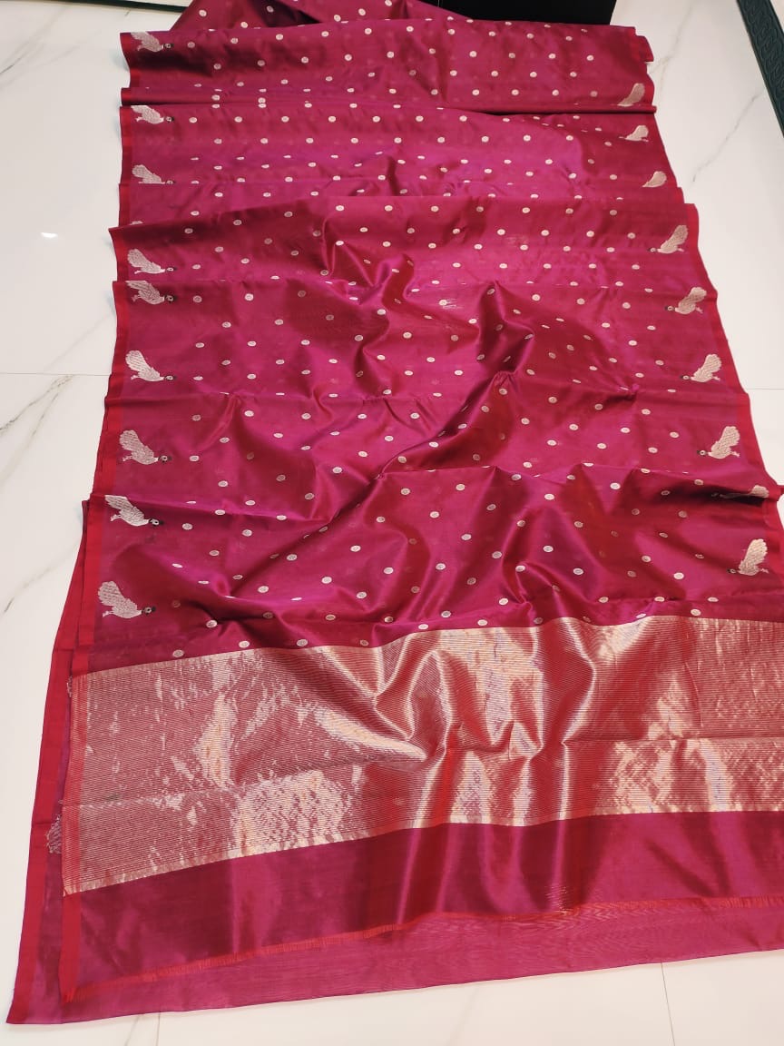 Deep Maroon with Silver Peacock Motifs and Silver Zari Border Chanderi Pattu Silk Saree - Handloom Chanderi Saree