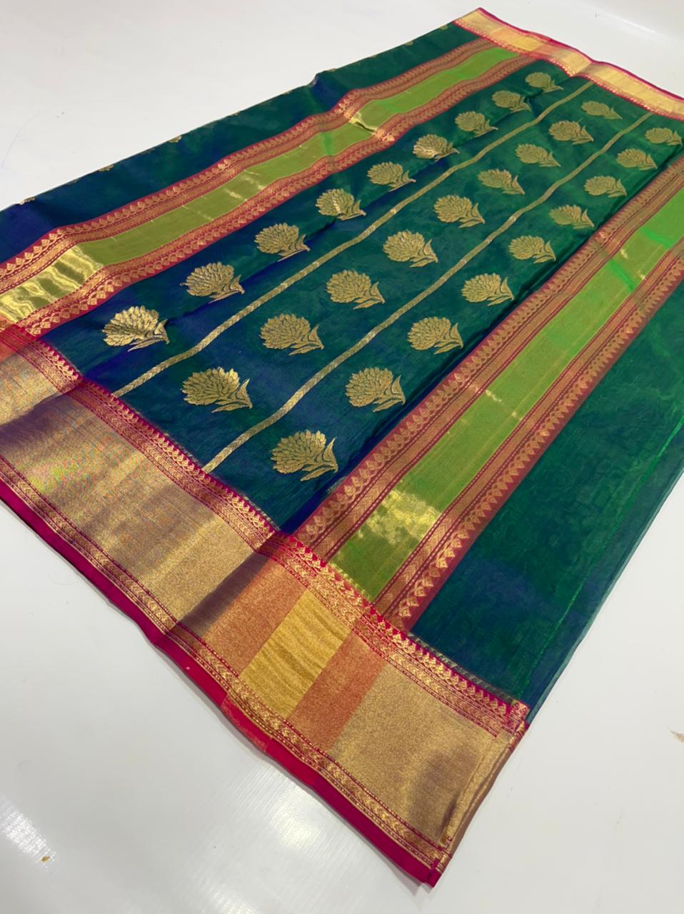 Handwoven Green Deep Sea Green Color Organza Chanderi Katan Silk Saree - Authentic Chanderi silk sarees Chanderi Saree