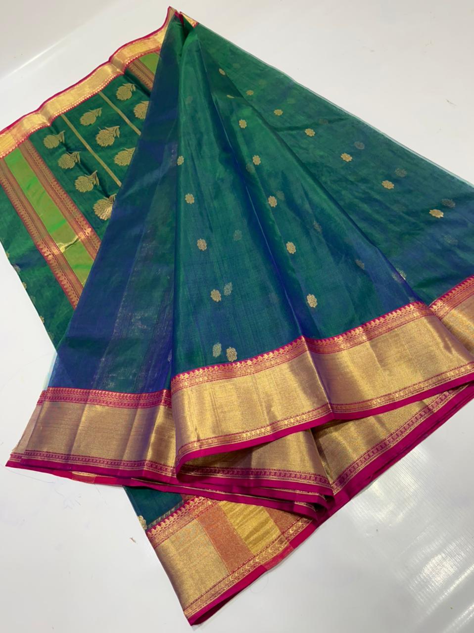 Handwoven Green Deep Sea Green Color Organza Chanderi Katan Silk Saree - Authentic Chanderi silk sarees Chanderi Saree - View 2