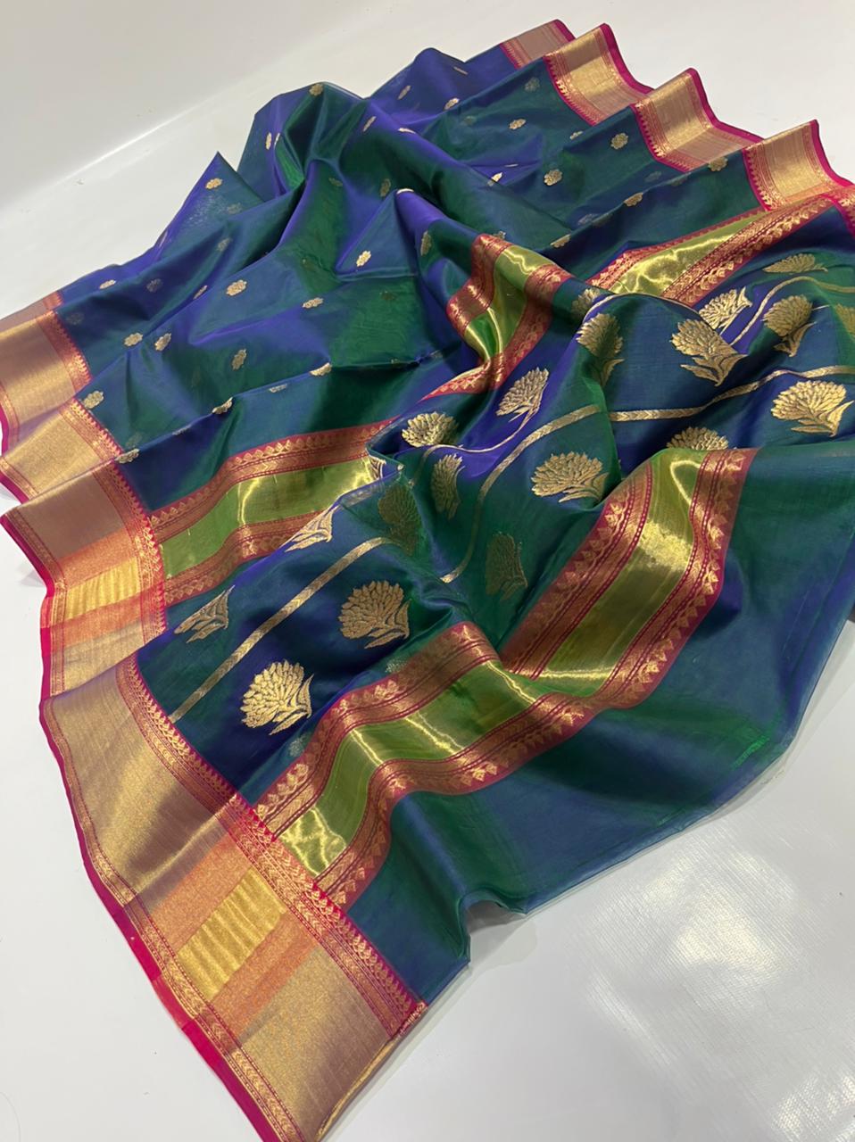 Handwoven Green Deep Sea Green Color Organza Chanderi Katan Silk Saree - Authentic Chanderi silk sarees Chanderi Saree - View 3