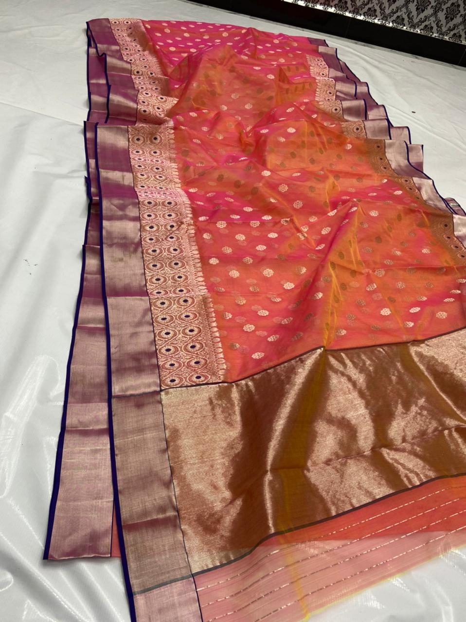 Handwoven Deep chestnut Color Organza Chanderi Katan Silk Saree - Authentic Chanderi silk sarees Chanderi Saree - View 1