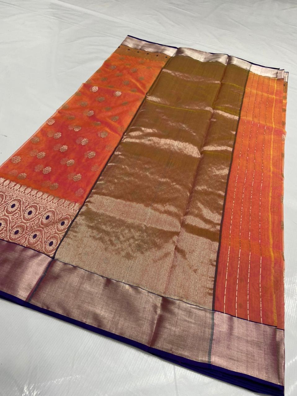 Handwoven Deep chestnut Color Organza Chanderi Katan Silk Saree - Authentic Chanderi silk sarees Chanderi Saree - View 2