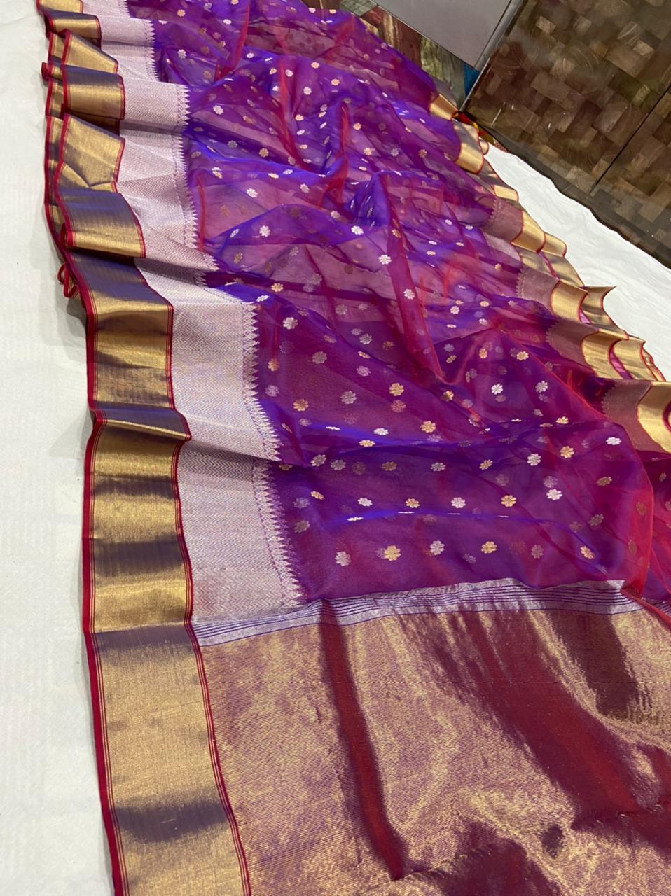 Handwoven Disco Color Organza Chanderi Katan Silk Saree - Authentic Chanderi silk sarees Chanderi Saree - View 1