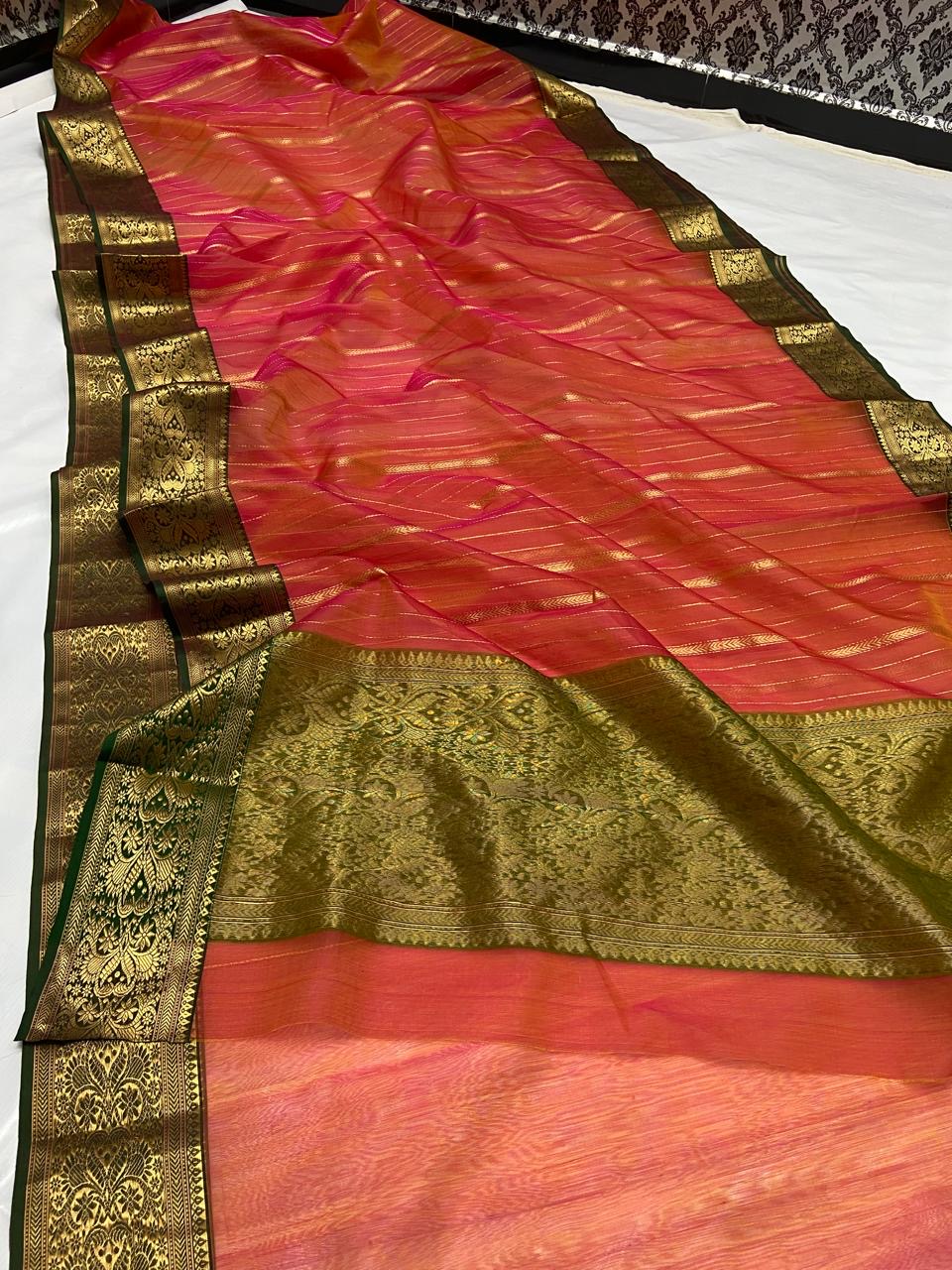 Dual-Tone Orange and Olive Green border with Zari Stripe Organza Chanderi Katan Silk Saree - Handloom Chanderi Saree