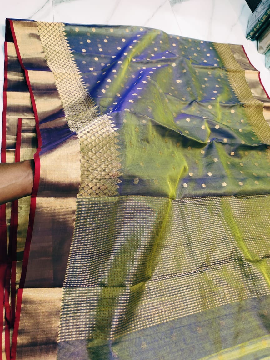 Dual tone Blue Green with Gold Zari Buttas and Fish Scale Border Organza Chanderi Katan Silk Saree - Handloom Chanderi Saree