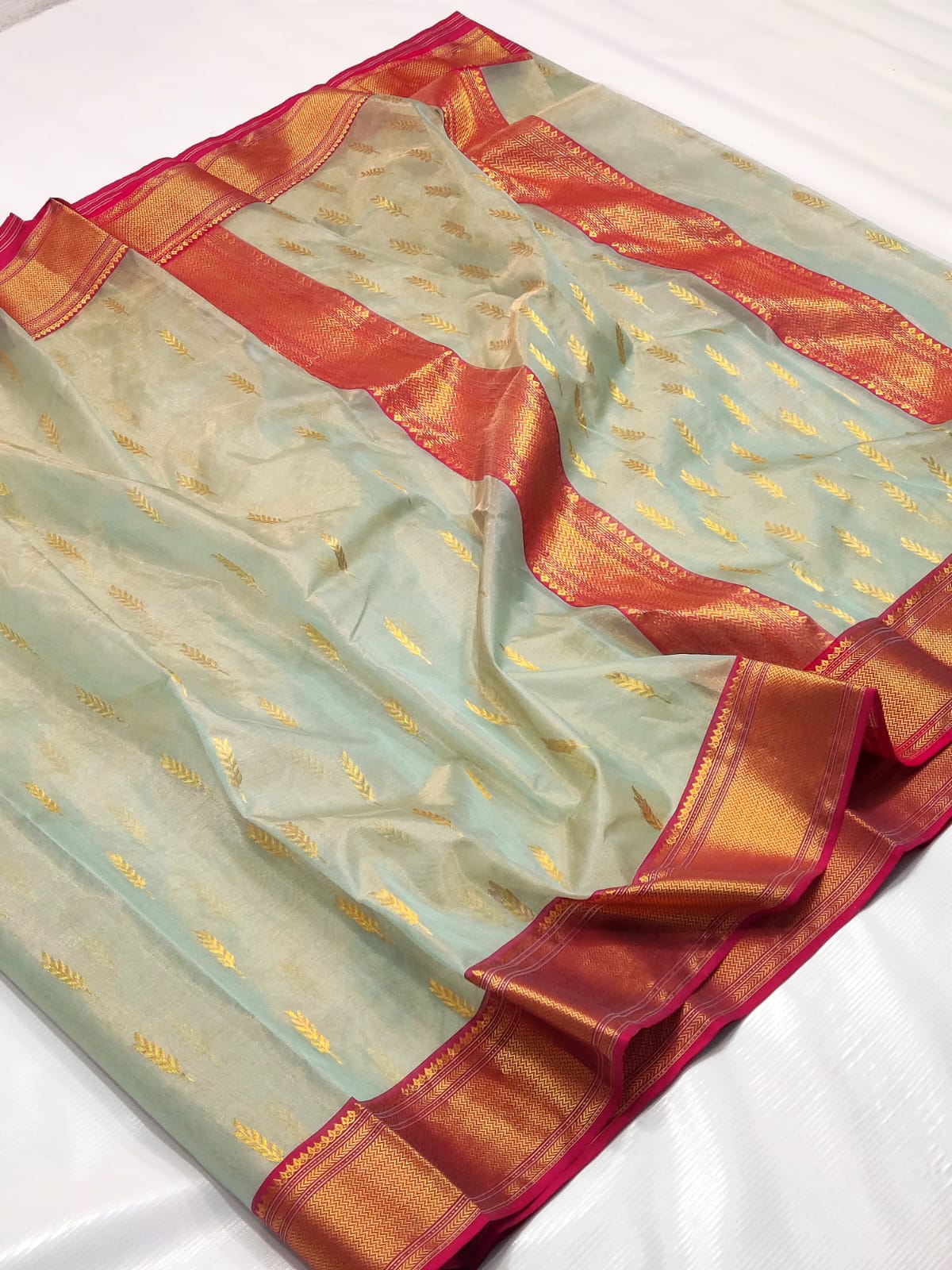 Handwoven Eagle Color Chanderi Silk Tissue Saree - Authentic Tissue Chanderi Saree