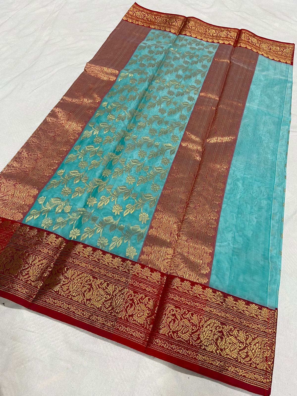 Handwoven Blue Eastern Blue Color Organza Chanderi Katan Silk Saree - Authentic Chanderi silk sarees Chanderi Saree - View 1